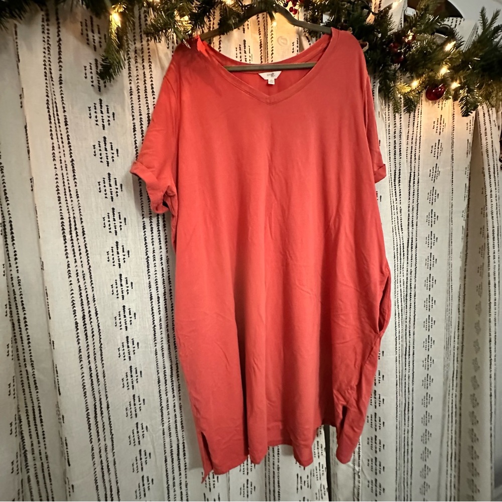 Terra & Sky Women's V-Neck Tunic in Warm Coral